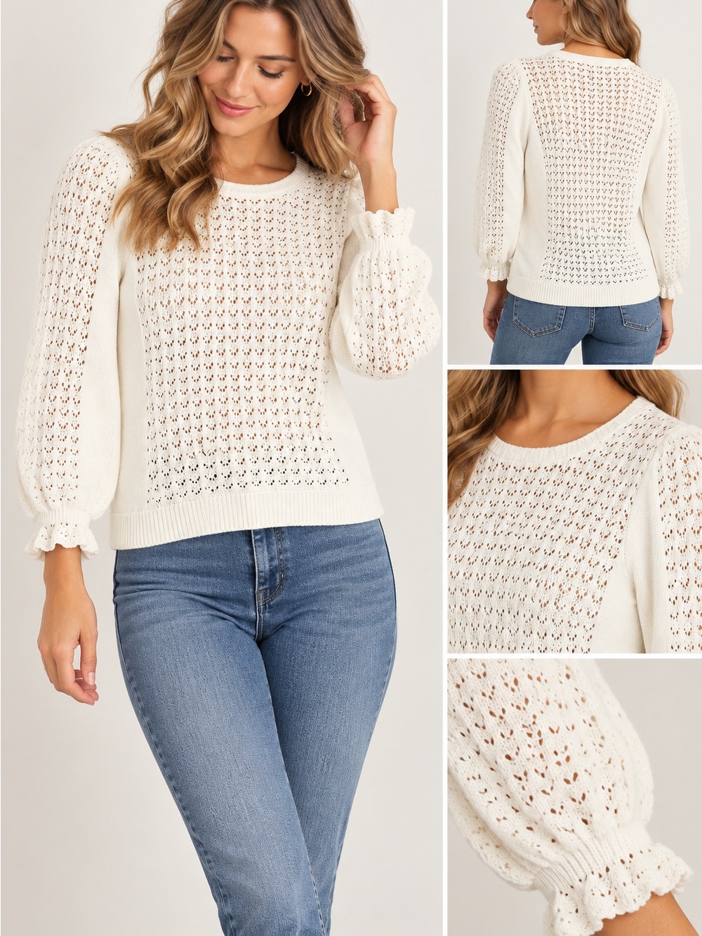 Gerard Darel Ivory Pointelle Open Knit Puff Sleeve Sweater XS/S